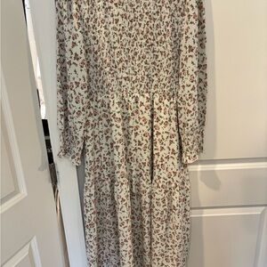 Floral Smocked Midi Dress in Cream with Pink Rose Print